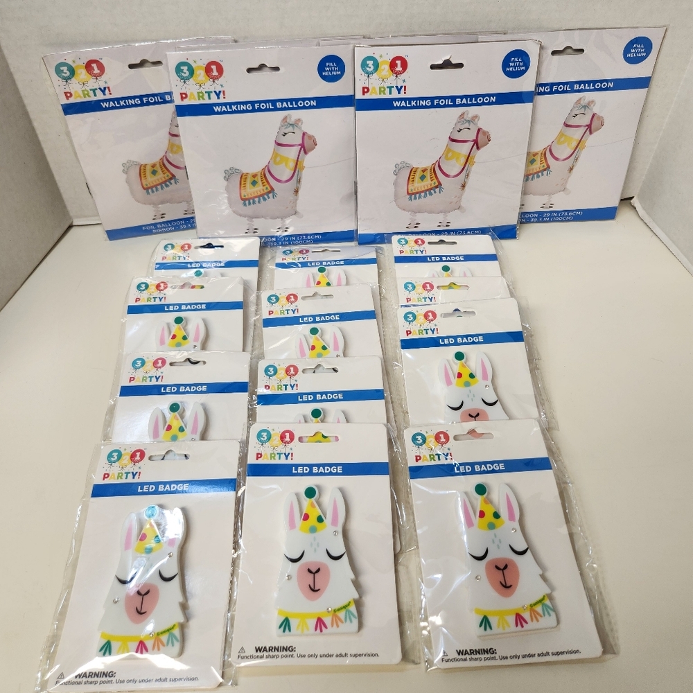Bundle of 18 Llama Birthday Party Helium Walking Llama Ballons & LED Badge Pins